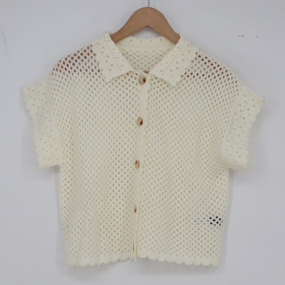SHEIN Cardigan Womens M Crochet Cream Button-Down Short Sleeve Mesh Excellent